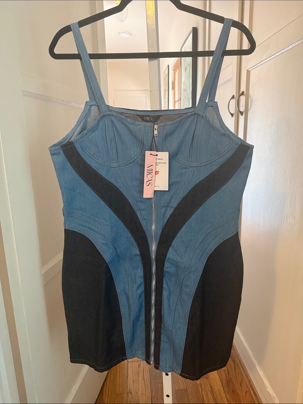 MICA'S Two-Tone Blue & Black Denim Mini Dress with Front Zip